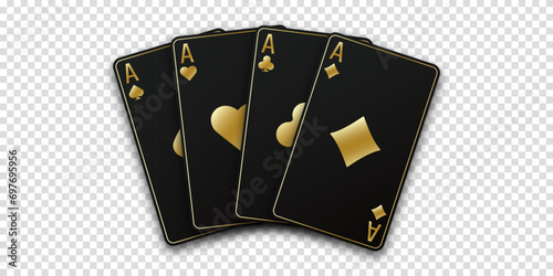 A hand fanned of playing cards. Ace of Spades, Diamonds, Clubs, Hearts. Vector illustration Casino or Poker of all the aces. Transparent background.