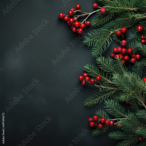 christmas background with fir branches, presents, decoration, free space for text