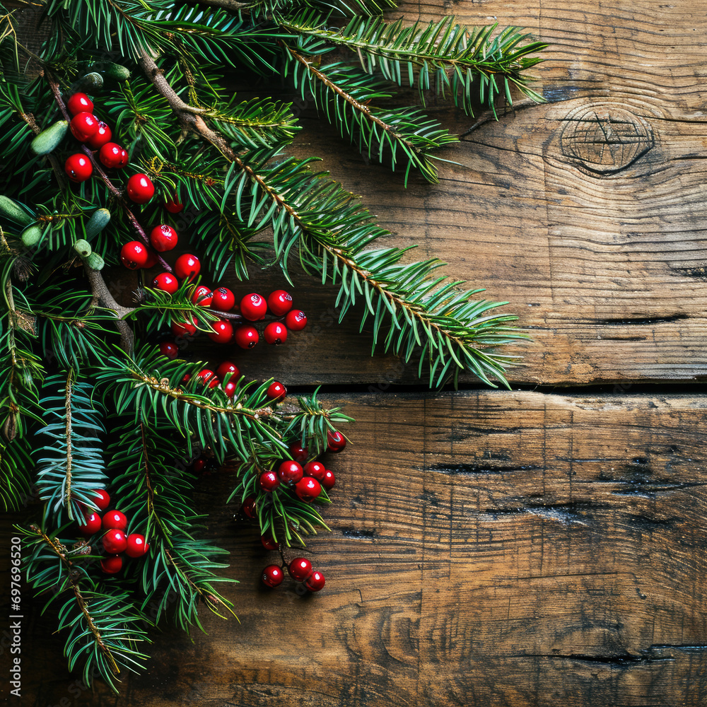 christmas background with fir branches and cones, presents, decoration, on wood background, free space for text christmas background with fir branches and cones, presents, decoration, on wood background, free space for text