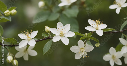 A captivating photo showcases the ethereal beauty of blooming jasmine flowers against a vibrant green backdrop.