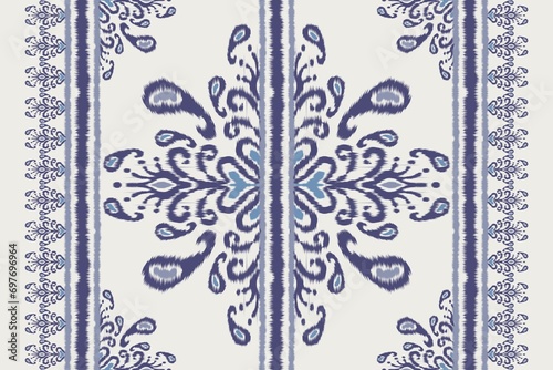 Ikat paisley floral stripes pattern. Illustration ikat blue watercolor paisley floral stripes seamless pattern. Ikat paisley floral pattern use for textile border, tablecloth, table runner, cushion.