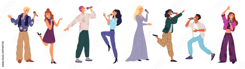 Cartoon people karaoke. Happy singer characters with microphones. Amateur vocalists performing songs. Talented men and women. Musical band. Disco fun. Musicians show. Garish vector set - obrazy, fototapety, plakaty 
