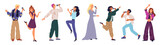 Cartoon people karaoke. Happy singer characters with microphones. Amateur vocalists performing songs. Talented men and women. Musical band. Disco fun. Musicians show. Garish vector set