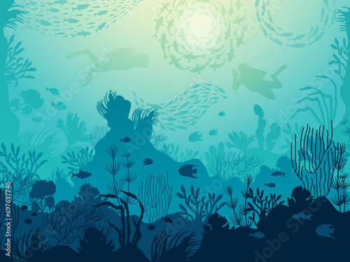 Underwater lifestyle. Background illustration with shoal of fishes recent vector underwater ecosystem photo