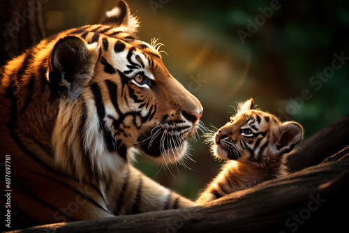 Tigress and tiger cub in the jungle, lovely moment. photo