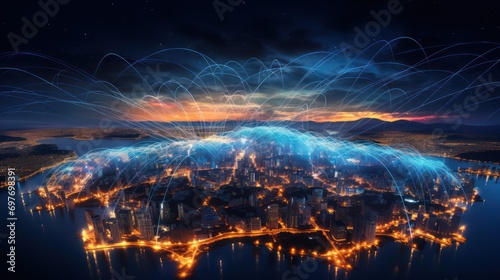 Global network connection concept. The earth shines at night photo