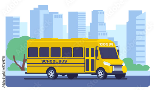 School bus drives down city street. Public transport. Yellow car. Journey to college. Passenger auto. Urban buildings. Schoolchildren transportation. Vehicle on highway. Vector concept