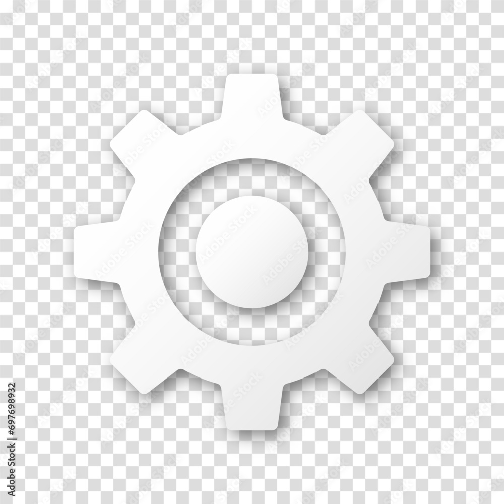 Gear icon, flat design. Machine sprocket gear icon. Realistic vector cogwheel sign symbol on a transparent background. - obrazy, fototapety, plakaty 