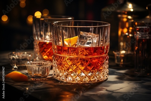 Sazerac cocktail. Whiskey or rum in bar glass with lemon.