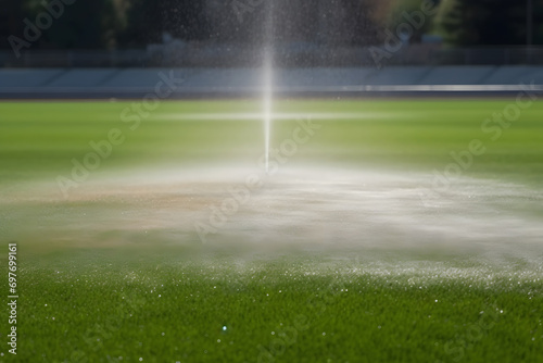 Automatic Garden Lawn sprinkler in action watering grass. Neural network AI generated art © mehaniq41