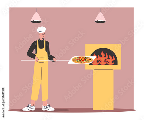 Young baker loads pizza into oven using wooden shovel. Italian food preparation. Pizzeria restaurant. Man cooking snacks for dinner. Cafe kitchen. Chef preparing pepperoni. Vector concept