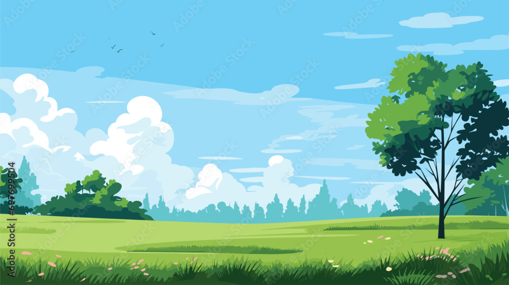  illustration green meadow with trees blue sky. Vector illustration 