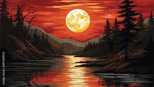  forest scene with river foreground sun shining right. Vector illustration 