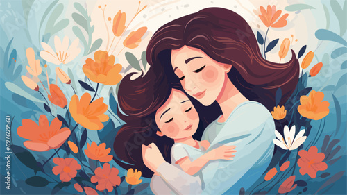  happy mothers day background with flowers beautiful young mother. Vector illustration 