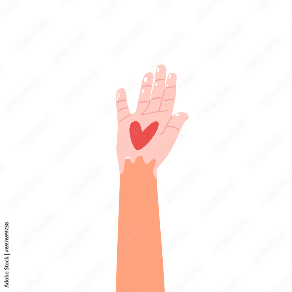 Raised Hand Adorned With Vibrant Pained Heart Shape, Reaches Upward, A Powerful Symbol Of Love And Unity Raised Hand Adorned With Vibrant Pained Heart Shape, Reaches Upward, A Powerful Symbol Of Love And Unity