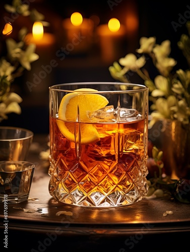 Sazerac cocktail. Whiskey or rum in bar glass with lemon.
