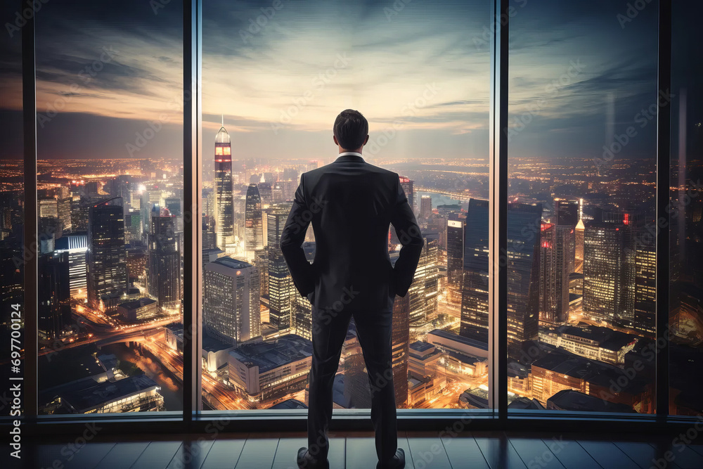 A successful businessman in a suit looks out the window at the cityscape from an office in a skyscraper, back view. AI generative A successful businessman in a suit looks out the window at the cityscape from an office in a skyscraper, back view. AI generative