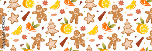 Christmas gingerbread cookies seamless pattern. Cookies, lemons and spices Pattern. Festive culinary background. Delicious winter pastries