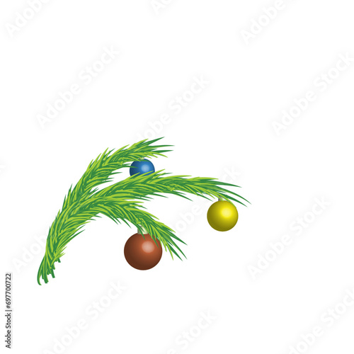 Fir branch adorned with multicolored balls. Vector illustration isolated on white background.