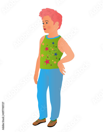 Red haired boy wearing green tank top and blue pants. Vector illustration on a white background