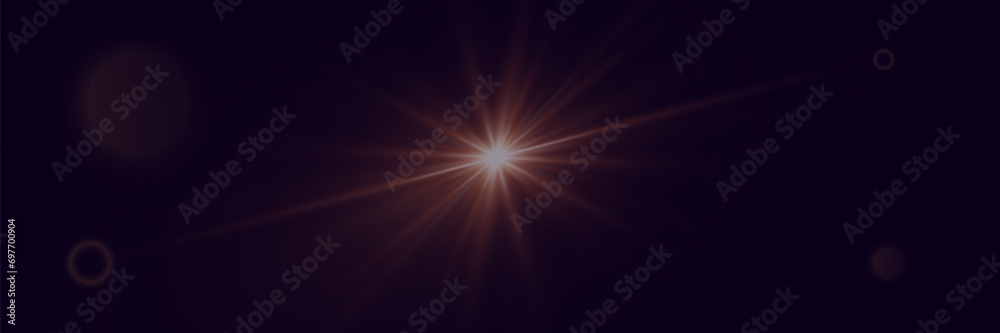 Flash of light with lights and sun flares. Reflection of lens flare on a black background.