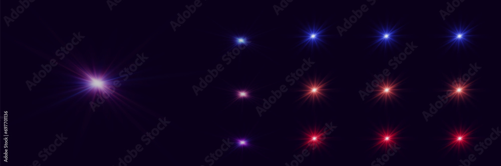 Collection of highlights. Brilliant light effect. Colorful stars and flash light effects.