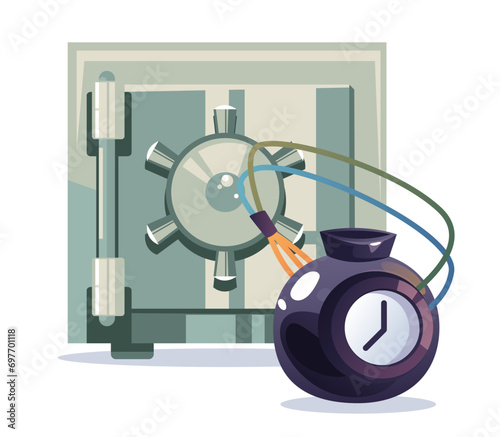 Bomb in bank safe room robbery safety storage concept. Vector flat graphic design illustration