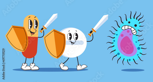 Pill medicine character fight germ virus concept. Vector flat graphic design illustration