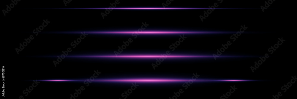 Motion speed flash effect. Horizontal light lines. On a black background.