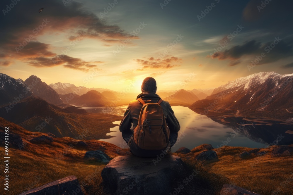 Photo of a wanderlust traveler gazing at a sunset. Generative AI