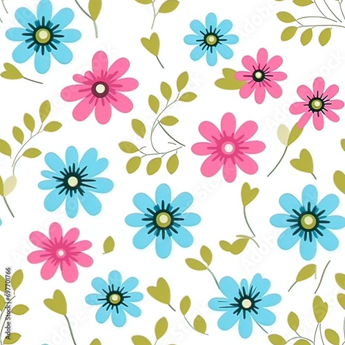 on white background, pink, neon green, sky blue cute flower seamless pattern