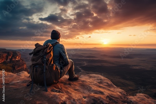 Photo of a wanderlust traveler gazing at a sunset. Generative AI