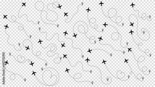 Travel concept from start point and dotted line tracing. Airplane or aeroplane routes path set. Aircraft tracking, plane path, travel, map pins, location pins. Vector illustration. Zigzag road