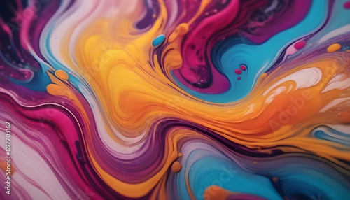 A dynamic close-up of vibrant, swirling colors creating an abstract, fluid art piece with a rich spectrum of hues.