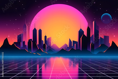 Retro wave city background. Neon night landscape with a futuristic city in the style and aesthetics of the 80s and 90s. Synthwave, cyberpunk. Neural network AI generated art