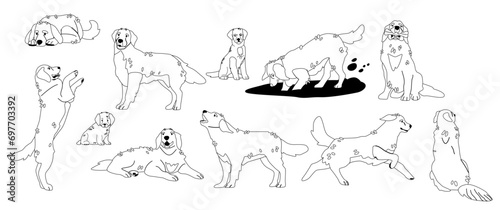 Golden Retriever In Different Poses Outline Monochrome Icons. Friendly Pet, Intelligent, Loyal Dog Digging Soil, Sitting