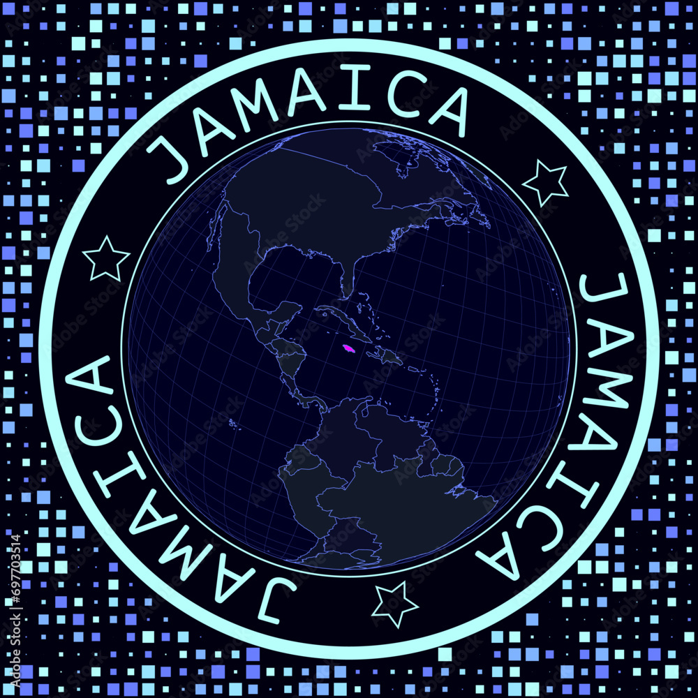 Jamaica on globe vector. Futuristic satelite view of the world centered to Jamaica. Geographical illustration with shape of country and squares background. Bright neon colors on dark background. Jamaica on globe vector. Futuristic satelite view of the world centered to Jamaica. Geographical illustration with shape of country and squares background. Bright neon colors on dark background.