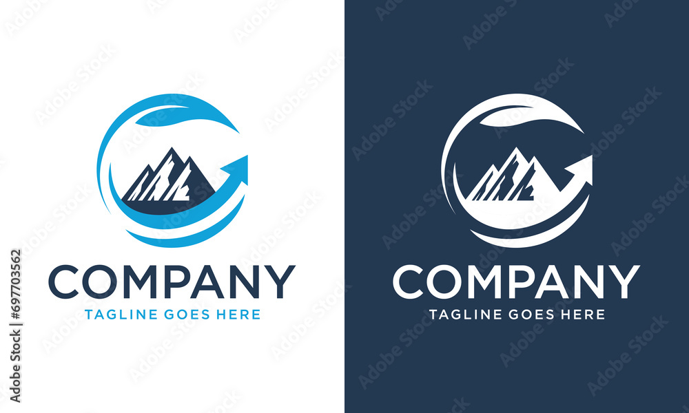 Creative Mountain peak logo with grow, arrow, analytic design vector illustration. icon for business, finance, travel, symbol, creative, logotype. - obrazy, fototapety, plakaty 