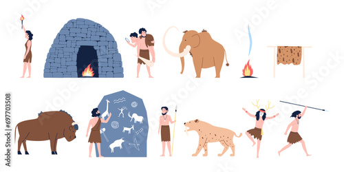 Primitive people. Ancient men and women in cave, drawing, hunting and living. Prehistoric tools, wild animals and relationship, recent vector scenes
