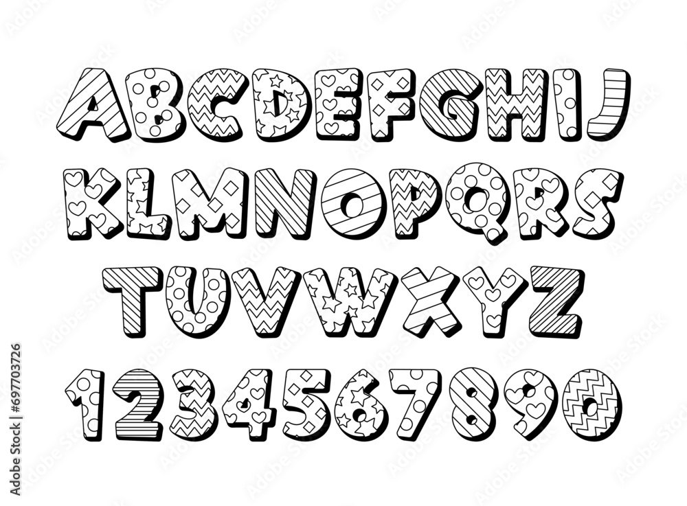 Monochrome Children Cartoon Font Alphabet Features Playful, Rounded Letters With Black and White Colors - obrazy, fototapety, plakaty 