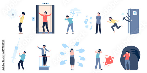 Human phobias. People have different scares, claustrophobia, arachnophobia. Adults afraid doctors and lightnings, blood and dark, recent vector set photo