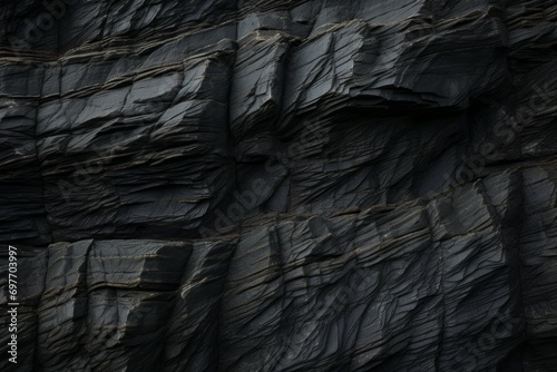 Dark Aged Shabby Cliff Face And Divided By Huge Cracks And Layers. Coarse, Rough Gray Stone Or Rock Texture Of Mountains, photo