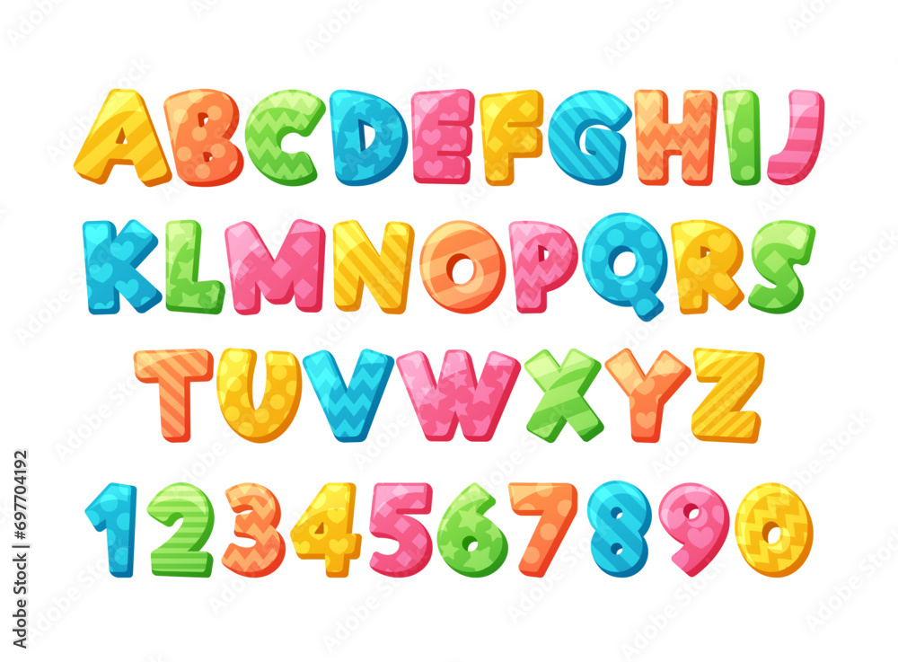 Whimsical Children Cartoon Font Alphabet Features Playful, Rounded Letters And Numbers With Vibrant Colors, Vector Set Whimsical Children Cartoon Font Alphabet Features Playful, Rounded Letters And Numbers With Vibrant Colors, Vector Set