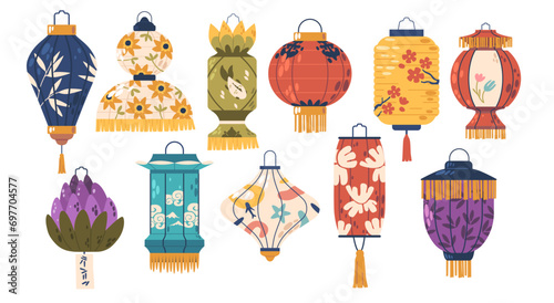 Enchanting Ensemble Of Asian Paper Lanterns, Suspended In Varied Sizes, Patterns And Vibrant Colors, Vector Set