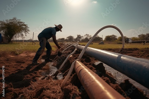 Installing pipeline irrigation system outdoors. Generative AI