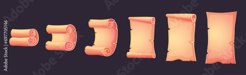 Old paper scroll open process. Ancient manuscript, document or letter. Blank base for treasure map with torn edges. Vintage parchment nowaday vector clipart