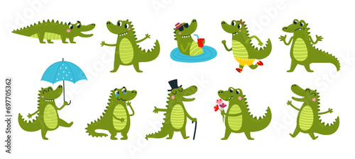 Cartoon crocodiles. Funny cartoon crocodile resting, walking on rain, running nad swimming. Isolated cute childish alligator, classy vector animal
