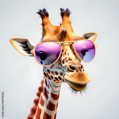 Cartoon colorful giraffe with sunglasses on white background. 