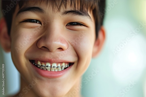 Teen Asian man with braces smiling mouth close up The concept of modern dentistry. Generative AI.
