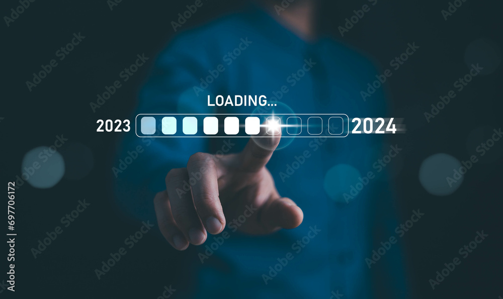 Businessman touch on loading progress from 2023 to 2024,Planning and challenge strategy in new year 2024 Concept. New business startup in 2024. New year 2024 is loading, calendar date, end of the year - obrazy, fototapety, plakaty 